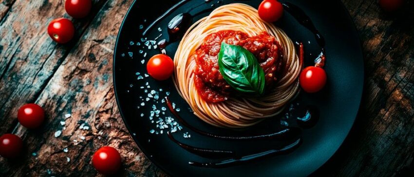 Spaghetti mit frischer Tomatensauce dekoriert