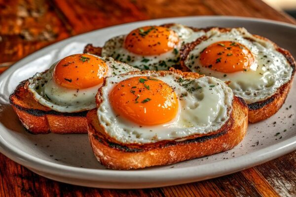 Spiegelei-Toast auf rustikalem Teller