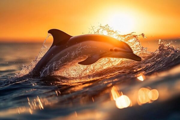 Springender Delfin bei Sonnenuntergang