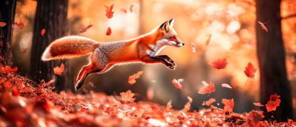 Springender Fuchs im Herbstwald