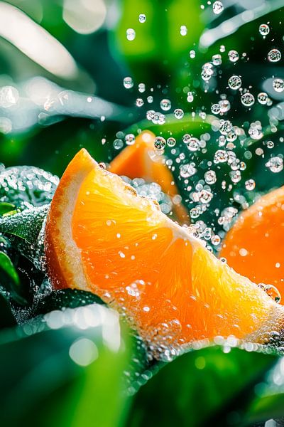 Spritzende Orangenscheiben im Wasser