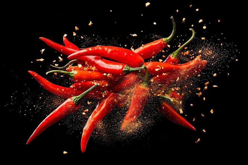 Spritzende rote Chilis auf schwarzem Hintergrund