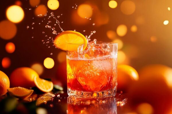 Spritzender Cocktail mit Orangenscheibe