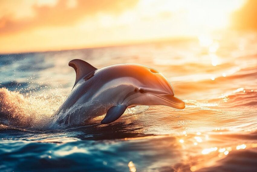 Spritzender Delfin beim Sonnenuntergang