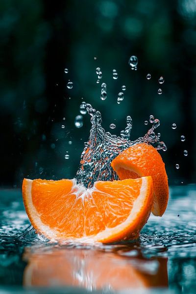 Spritzendes Wasser mit Orangenstücken