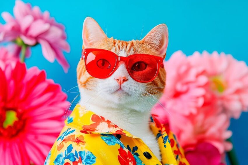 Stilvolle Katze mit Sonnenbrille und Blumen