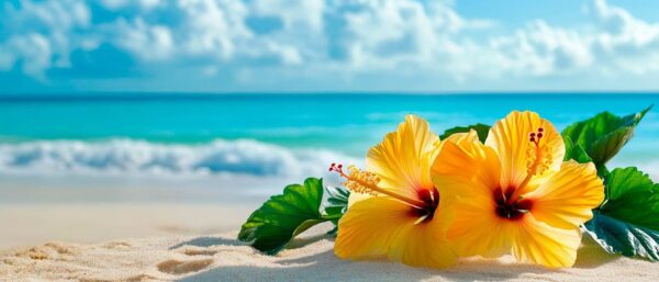 Strand mit gelben Hibiskusblüten