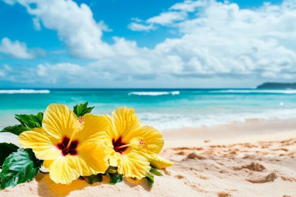 Strand mit gelben Hibiskusblüten