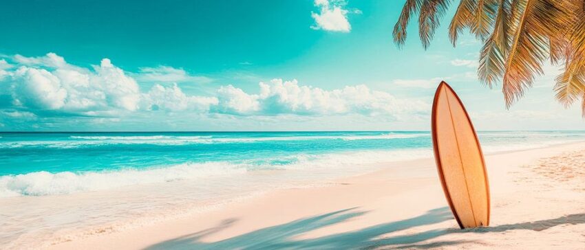 Strand mit Surfbrett und Palmen