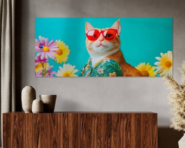 Stylische Katze mit Sonnenbrille im Blumenfeld