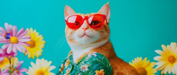 Stylische Katze mit Sonnenbrille im Blumenfeld