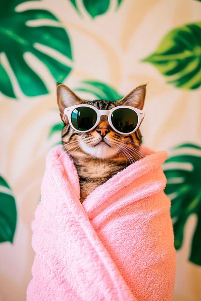 Stylische Katze mit Sonnenbrille und Handtuch