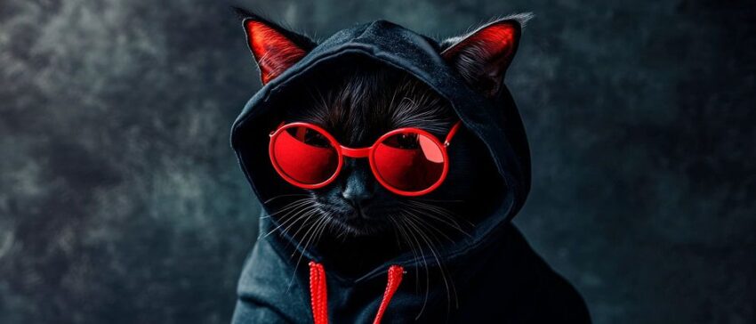 Stylische schwarze Katze im Hoodie