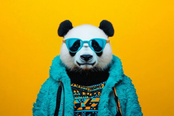 Stylischer Panda im bunten Outfit