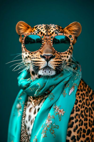 Stylisher Leopard mit Sonnenbrille und Schal