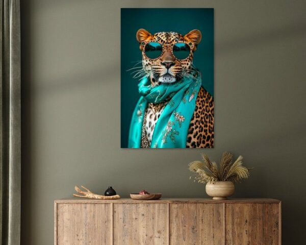 Stylisher Leopard mit Sonnenbrille und Schal