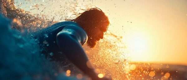 Surfer im Sonnenuntergang mit Wellen