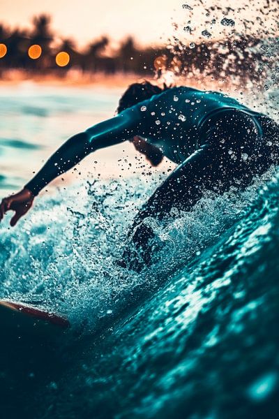 Surfer in der Abendsonne am Meer