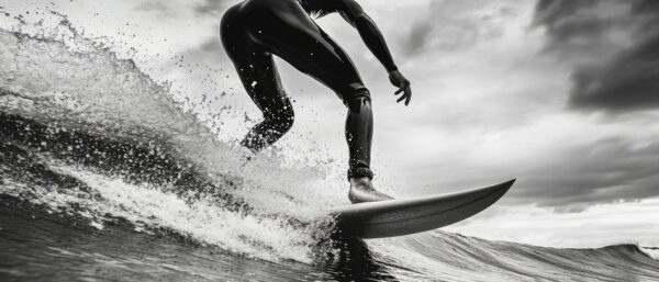 Surfer in der Welle bei Sonnenuntergang