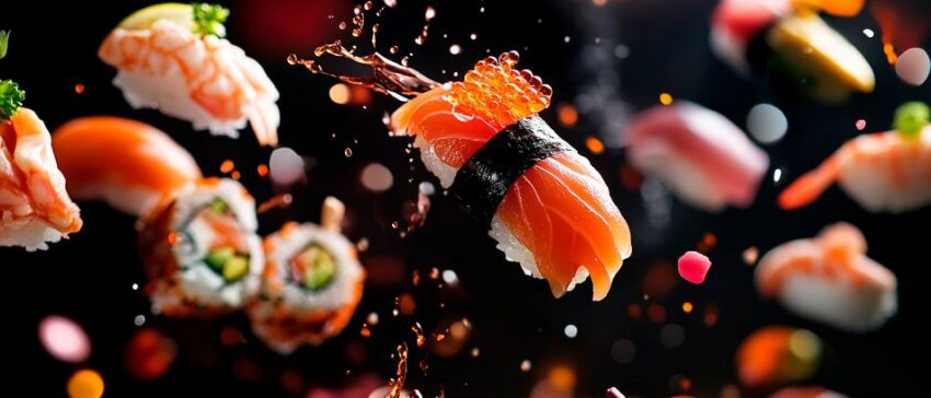 Sushi-Kunst im Flug – Farbfrohe Komposition