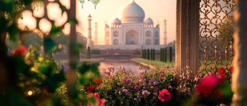 Taj Mahal im Morgenlicht – Blütenmeer