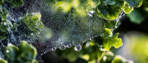 Taufrische Spinnennetzdetails im Grün