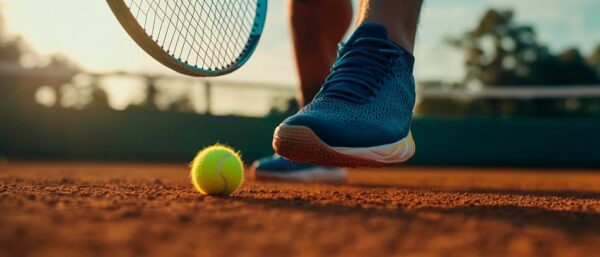 Tennis-Schuhe auf dem Platz mit Ball