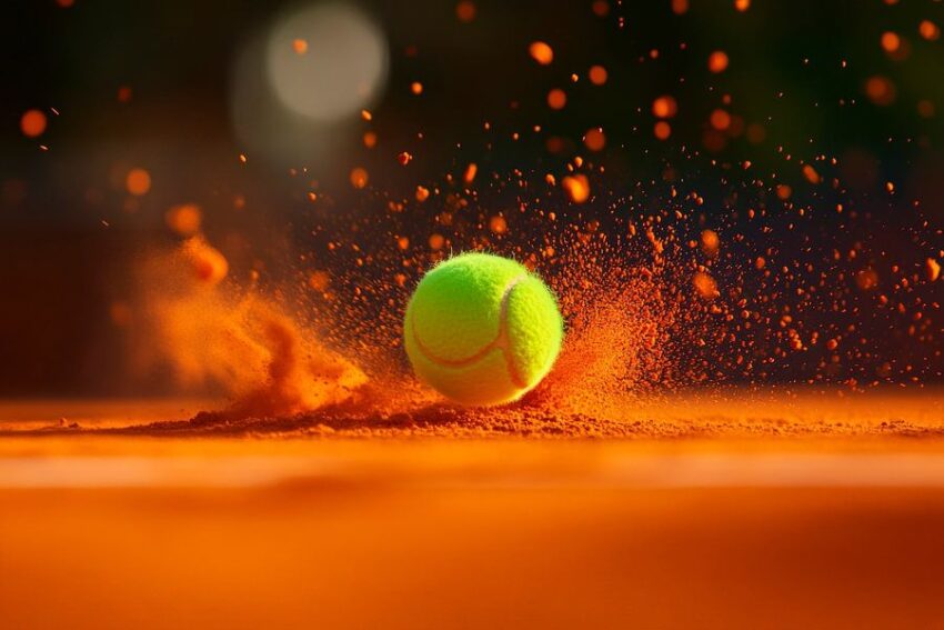 Tennisball auf roter Sandplatz