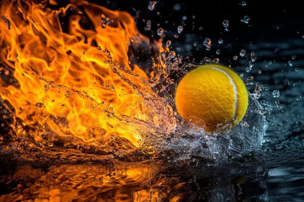 Tennisball in Flammen und Wasser