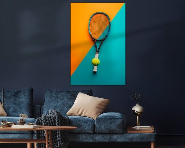 Tennisracket mit gelbem Ball auf Farbenmix