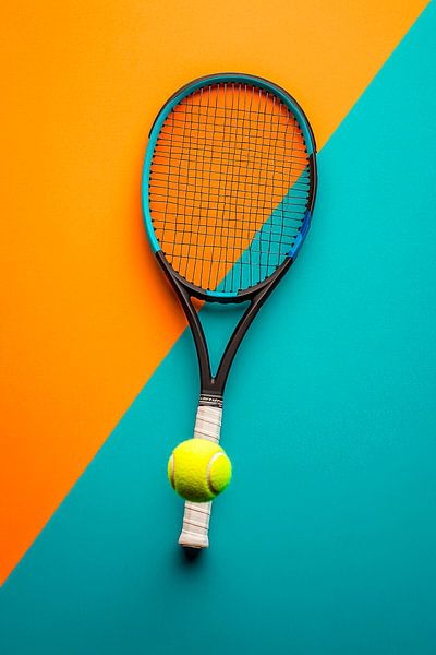 Tennisracket mit gelbem Ball auf Farbenmix