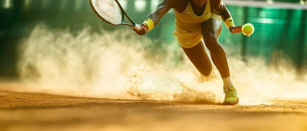 Tennisspieler auf Sandplatz in Action