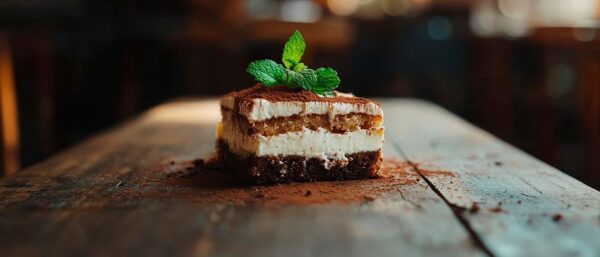 Tiramisu auf rustikalem Holztisch