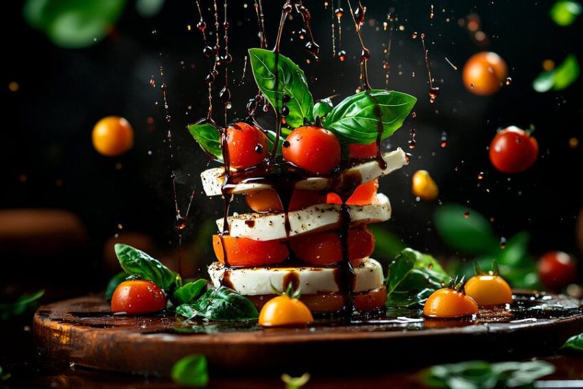 Tomaten-Mozzarella-Turm mit Basilikum