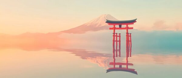 Torii mit Fuji im Morgenlicht