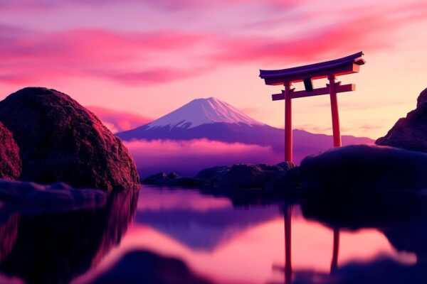 Torii und Fuji im Sonnenuntergang