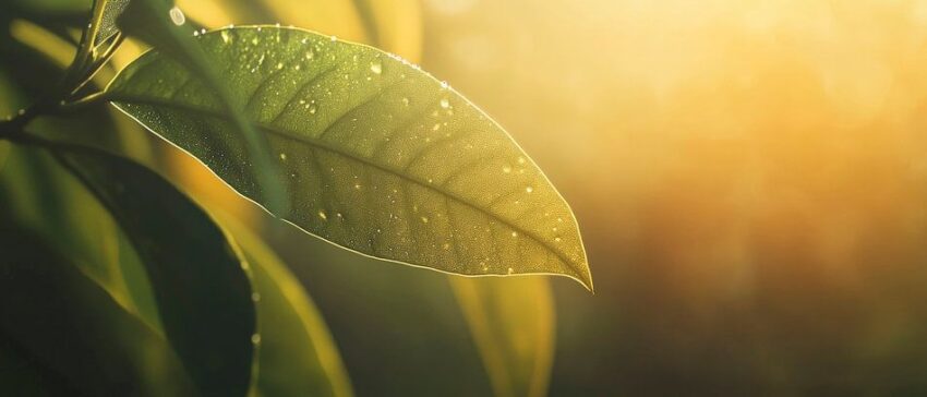 Tropfenbesetztes Blatt im Sonnenlicht