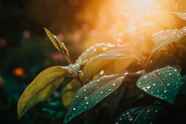 Tropfenfrische Blätter im Sonnenlicht