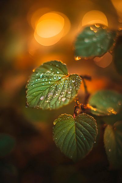 Tropfnasse Blätter im Abendlicht