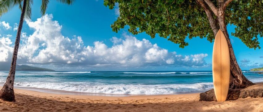 Tropischer Strand mit Surfbrett