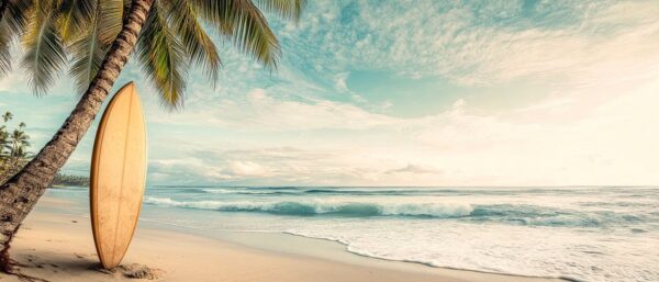 Tropischer Strand mit Surfbrett