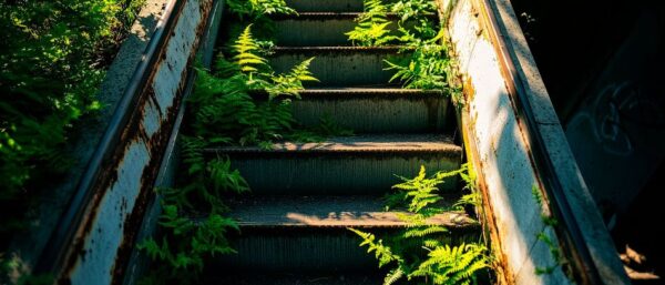 Verfallene Treppe mit Pflanzenbewuchs