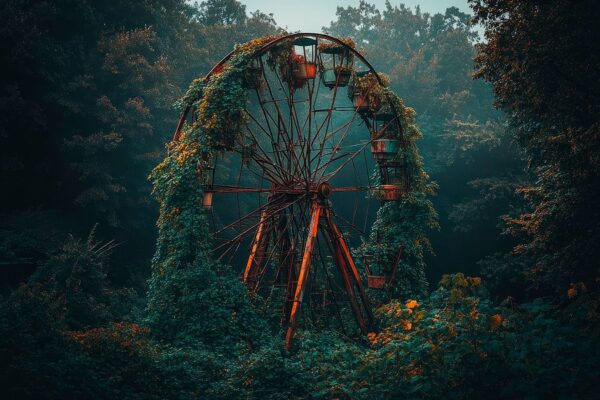 Verfallenes Riesenrad im Nebel