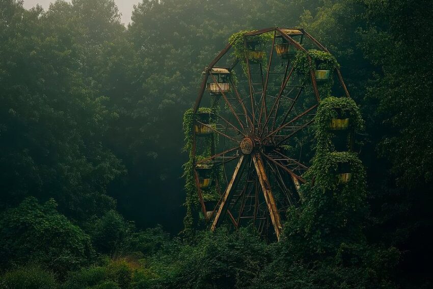 Verfallenes Riesenrad im Nebel