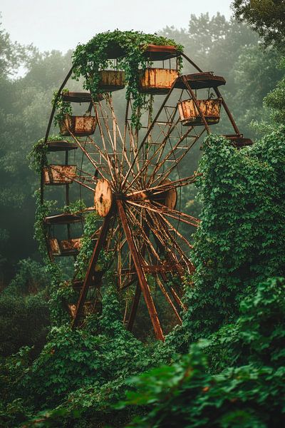 Verfallenes Riesenrad im Nebel