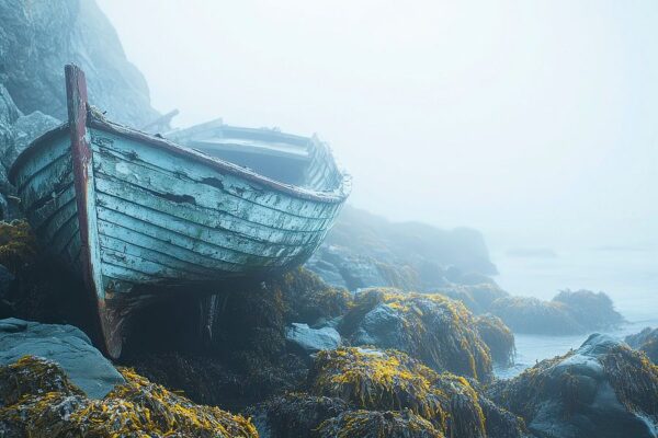 Verlassendes Boot im Nebel – Mystisch