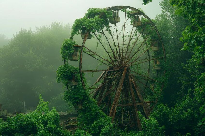 Verlassene Achterbahn im Nebel