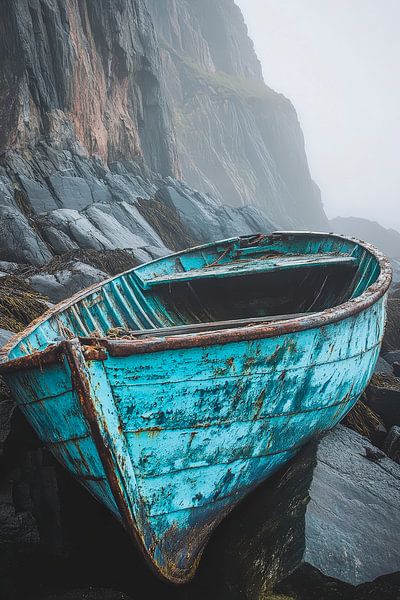 Verlassene blaue Boot in Nebel