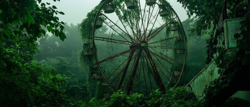 Verlassene Riesenrad im Nebel