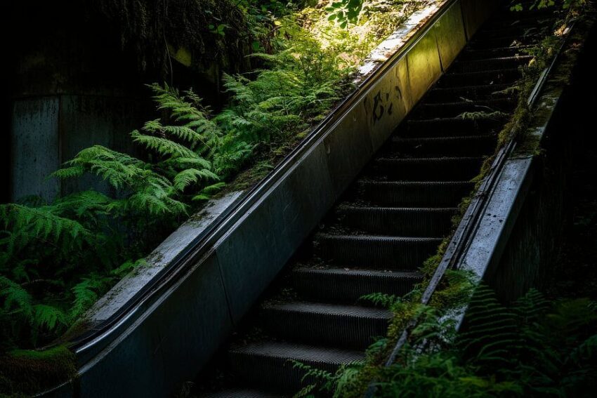 Verlassene Rolltreppe mit Pflanzen